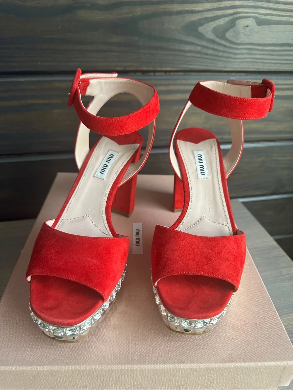Miu Miu Red Suede Crystal-Trim Platform Sandals